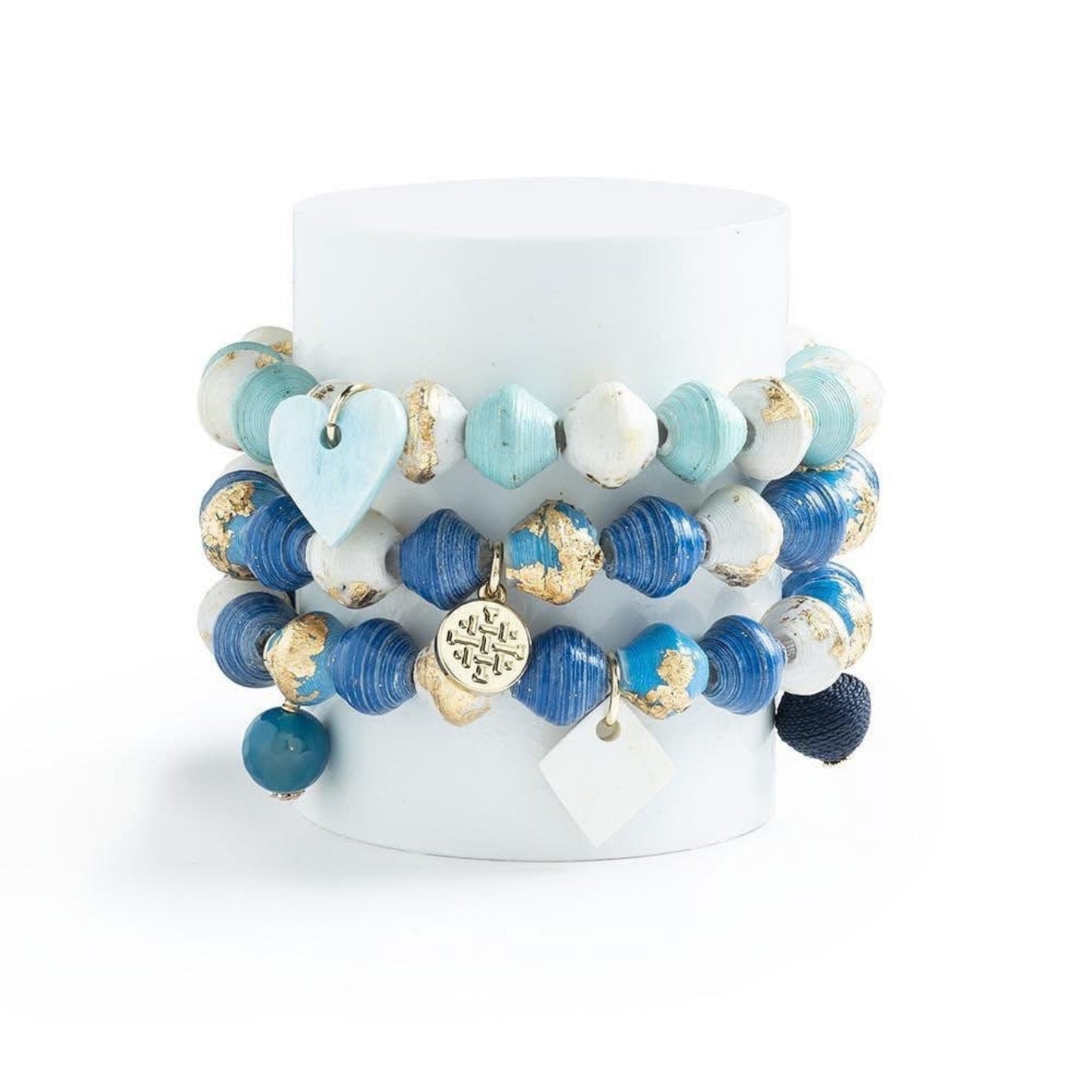 Paper beads stretch bracelet in blue tones