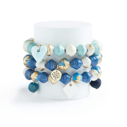 Paper beads stretch bracelet in blue tones